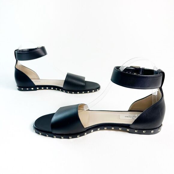 VALENTINO Black Flat Rockstud City Soul Sandal Size 39.5 US 9.5 Ankle Strap - Picture 8 of 12